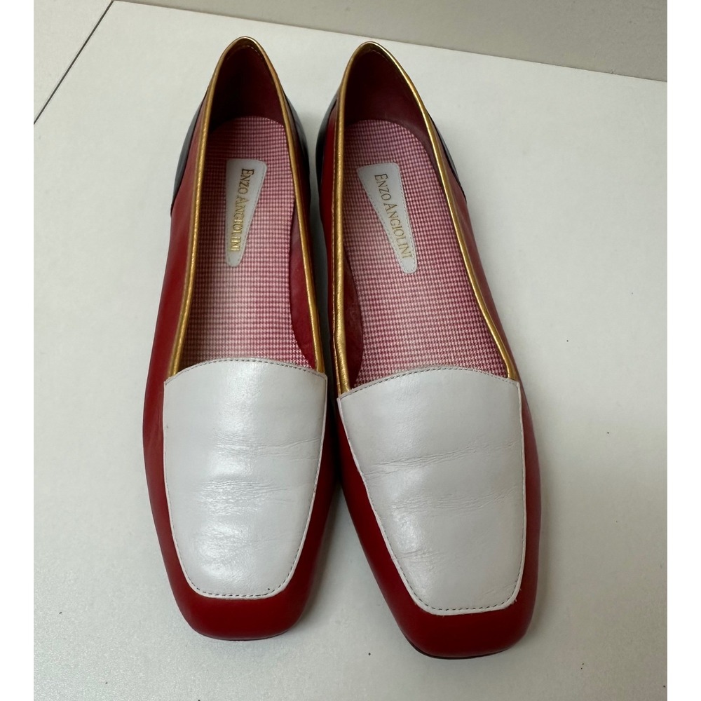 Vtg Enzo Angiolini 8M Liberty Leather Loafers Red Navy White Gold Square Toerty - Picture 2 of 11